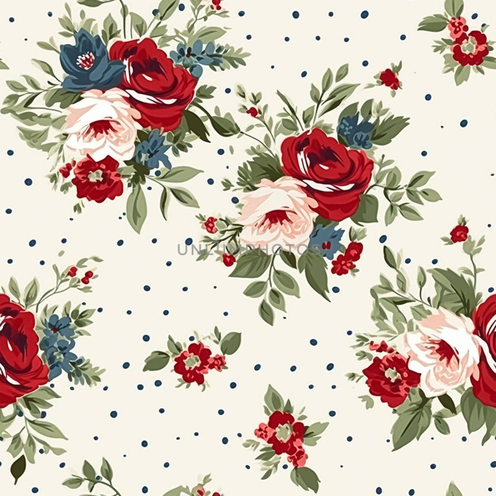 Seamless pattern, tileable floral country holiday print with roses, dots and flowers for wallpaper, wrapping paper, scrapbook, fabric and polka dot roses product design idea