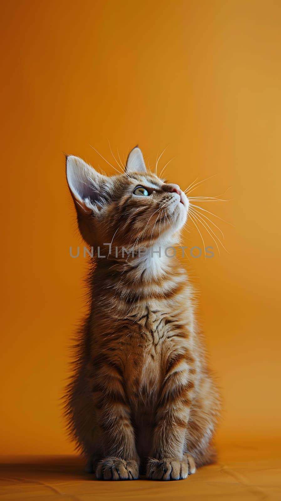 A small to mediumsized Felidae, the domestic shorthaired cat, is sitting on a table gazing up at the sky with its whiskers twitching and fur shining in the sunlight