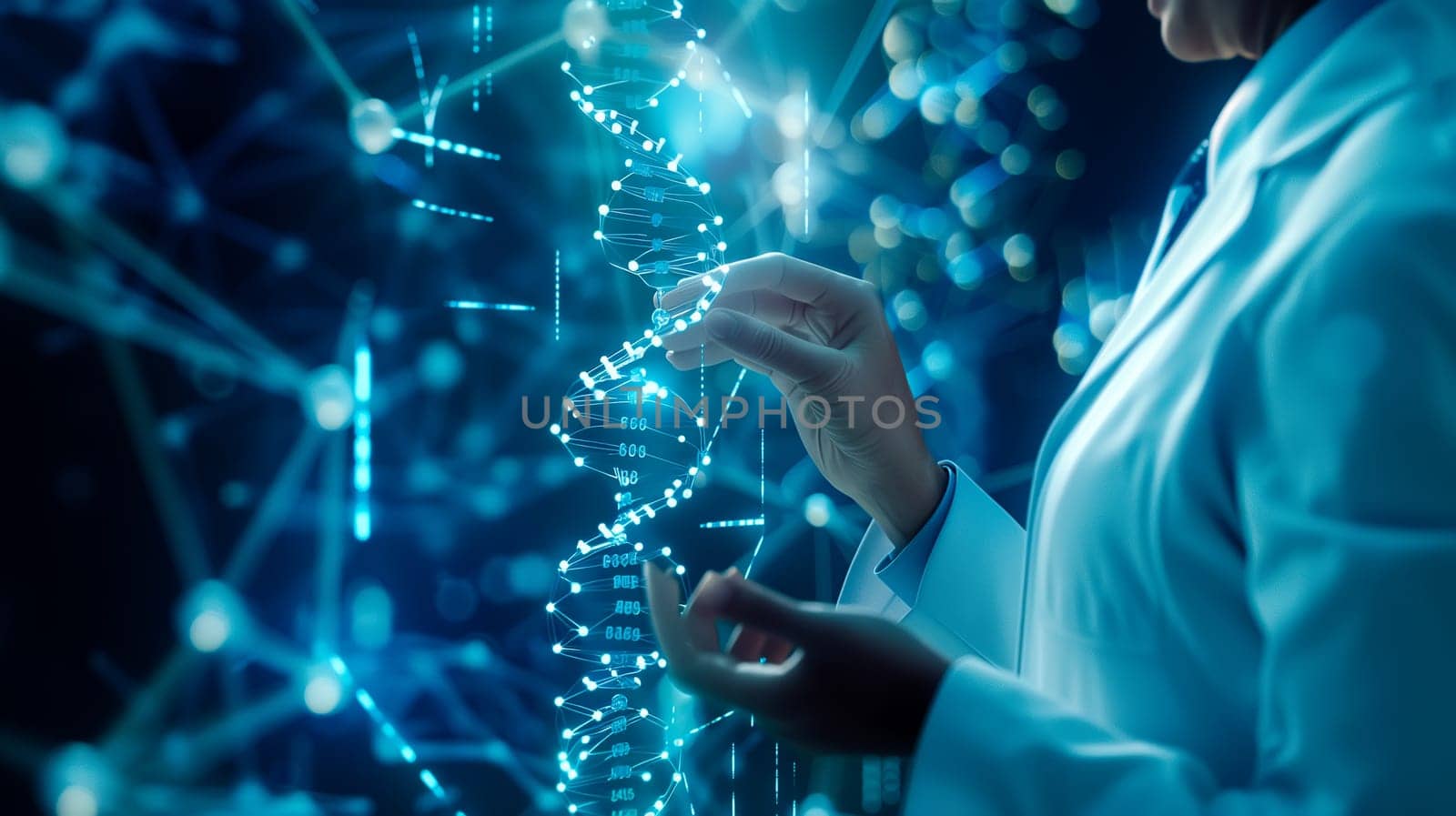 Doctor touch touch presenting DNA molecule research on the white background concept, Creation technologies for connection Mixed media,blurred background using digital network connection 3D rendering