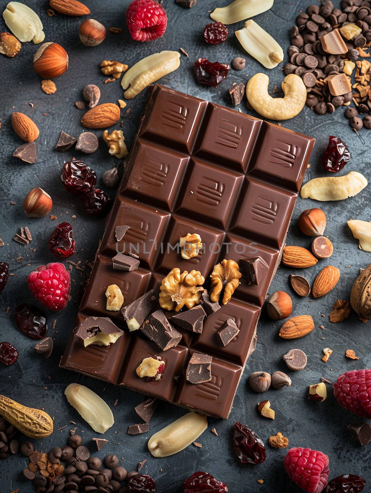 Rich chocolate bar with a variety of nuts, raspberries, and almonds on a textured surface.