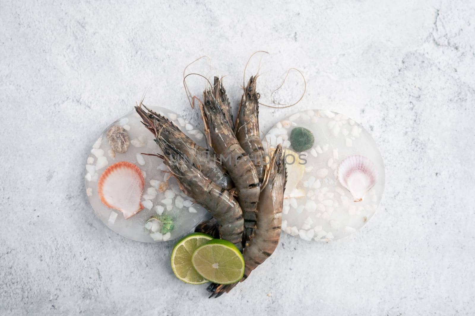 Raw whole fresh uncooked prawns shrimps on decorated ice with lime on gray stone background.