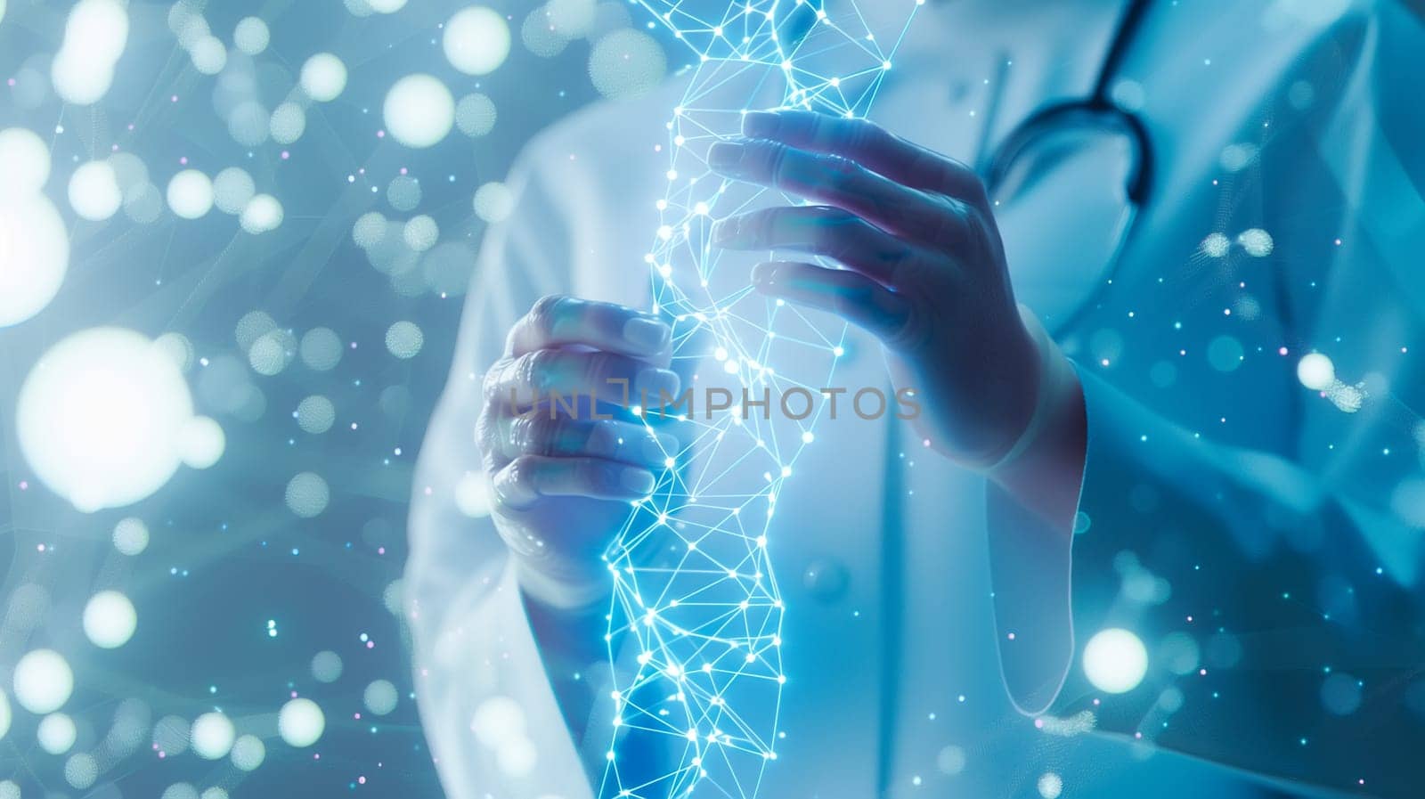 Doctor touch touch presenting DNA molecule research on the white background concept, Creation technologies for connection Mixed media,blurred background using digital network connection 3D rendering