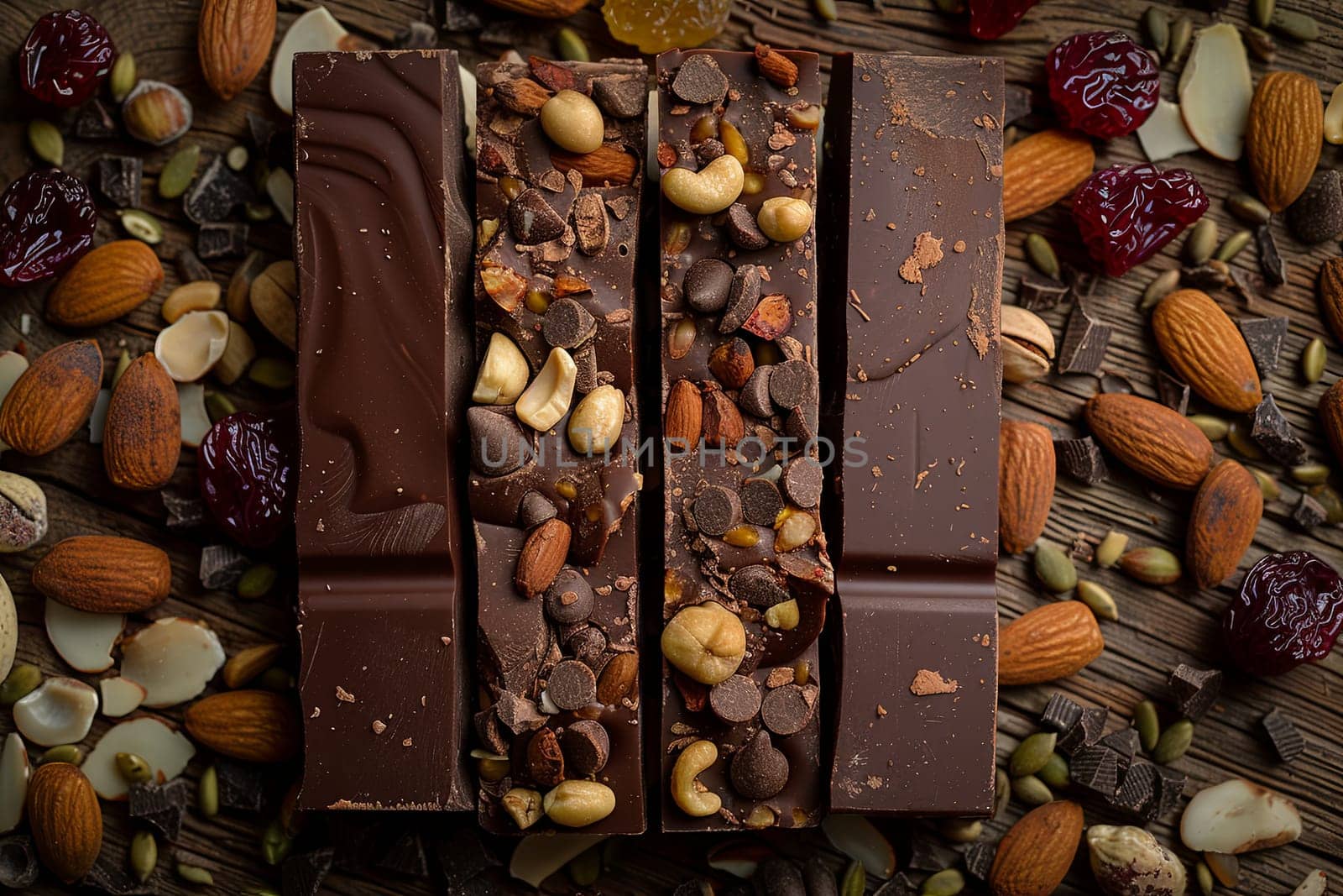 Detailed close-up of a chocolate bar filled with crunchy nuts and dried fruits, showcasing rich textures and natural ingredients.