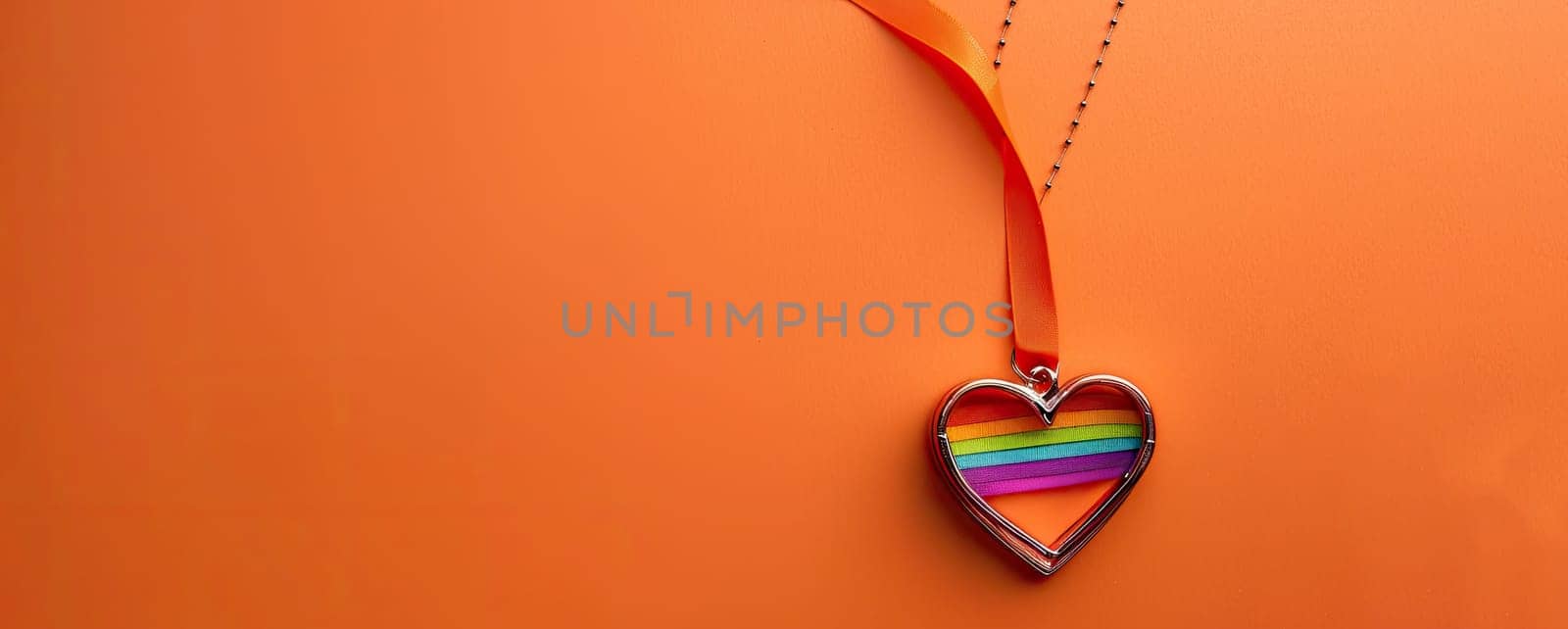 A rainbow heart necklace is on a red background by AI generated image.