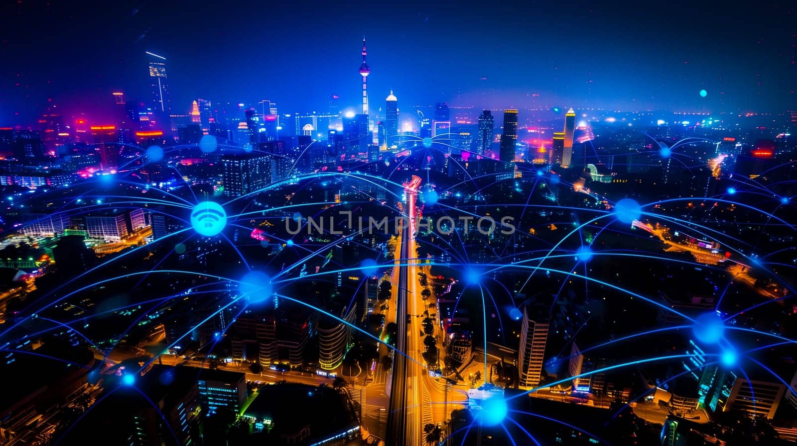 Wireless network and Connection technology concept with city background at night. by sarymsakov