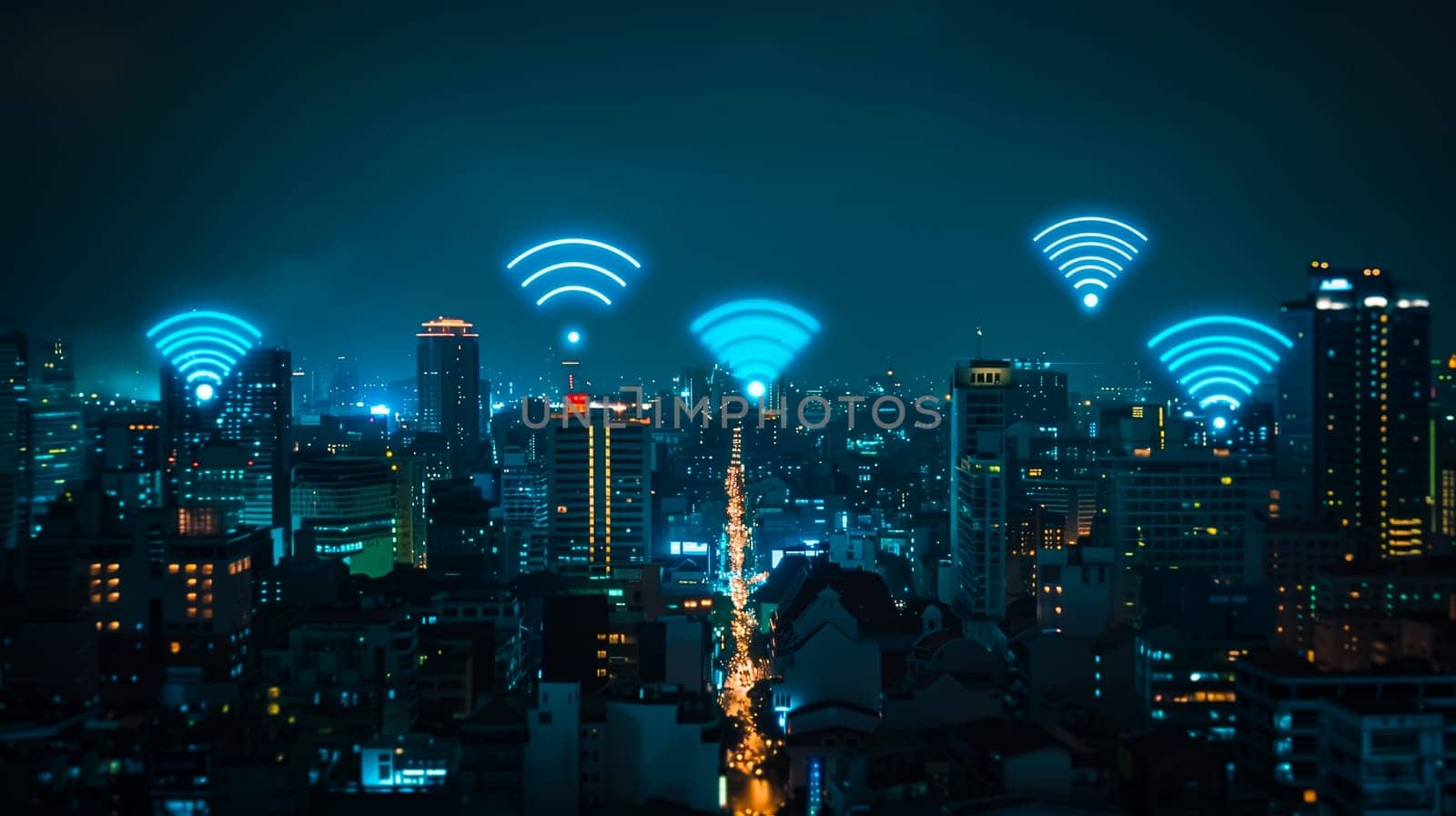 Wireless network and Connection technology concept with city background at night. by sarymsakov