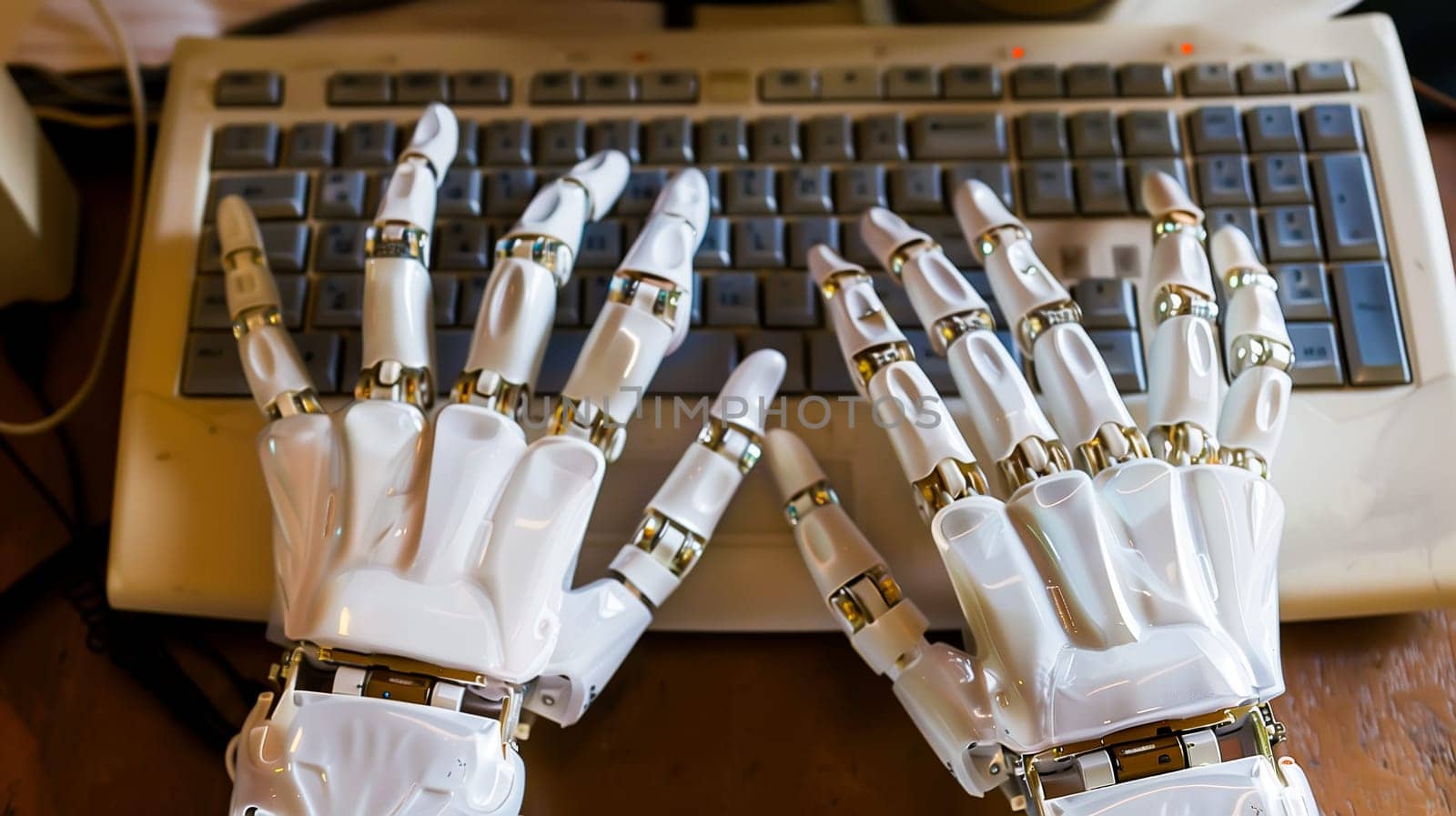 Robot hands using laptop computer typing top angle view artificial intelligence digital futuristic technology concept flat horizontal.