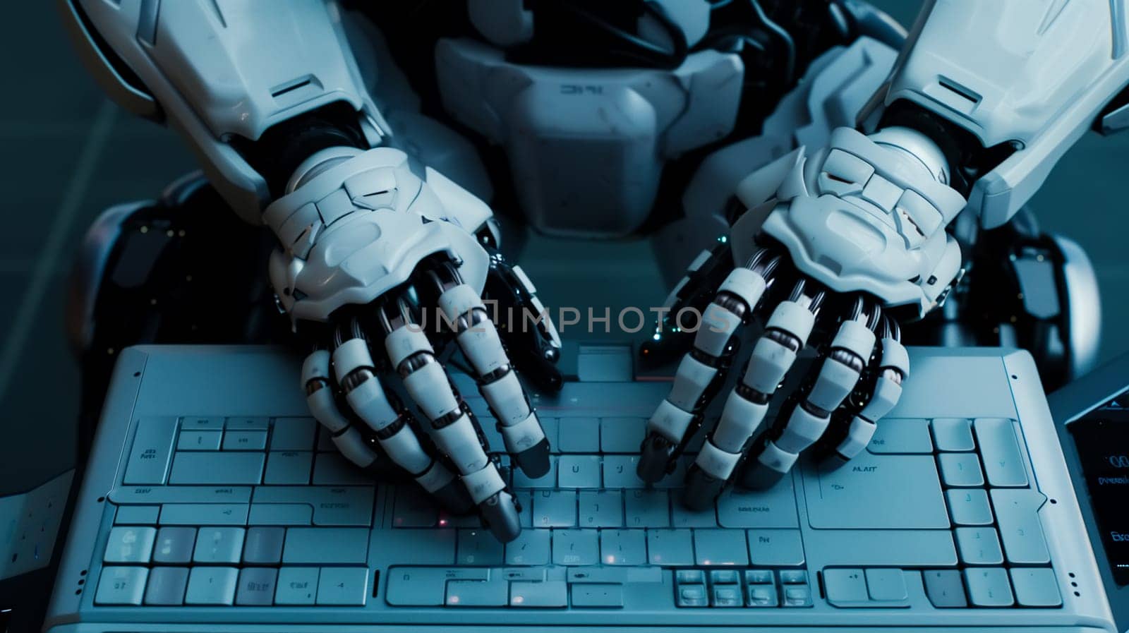 Robot hands using laptop computer typing top angle view artificial intelligence digital futuristic technology concept flat horizontal.