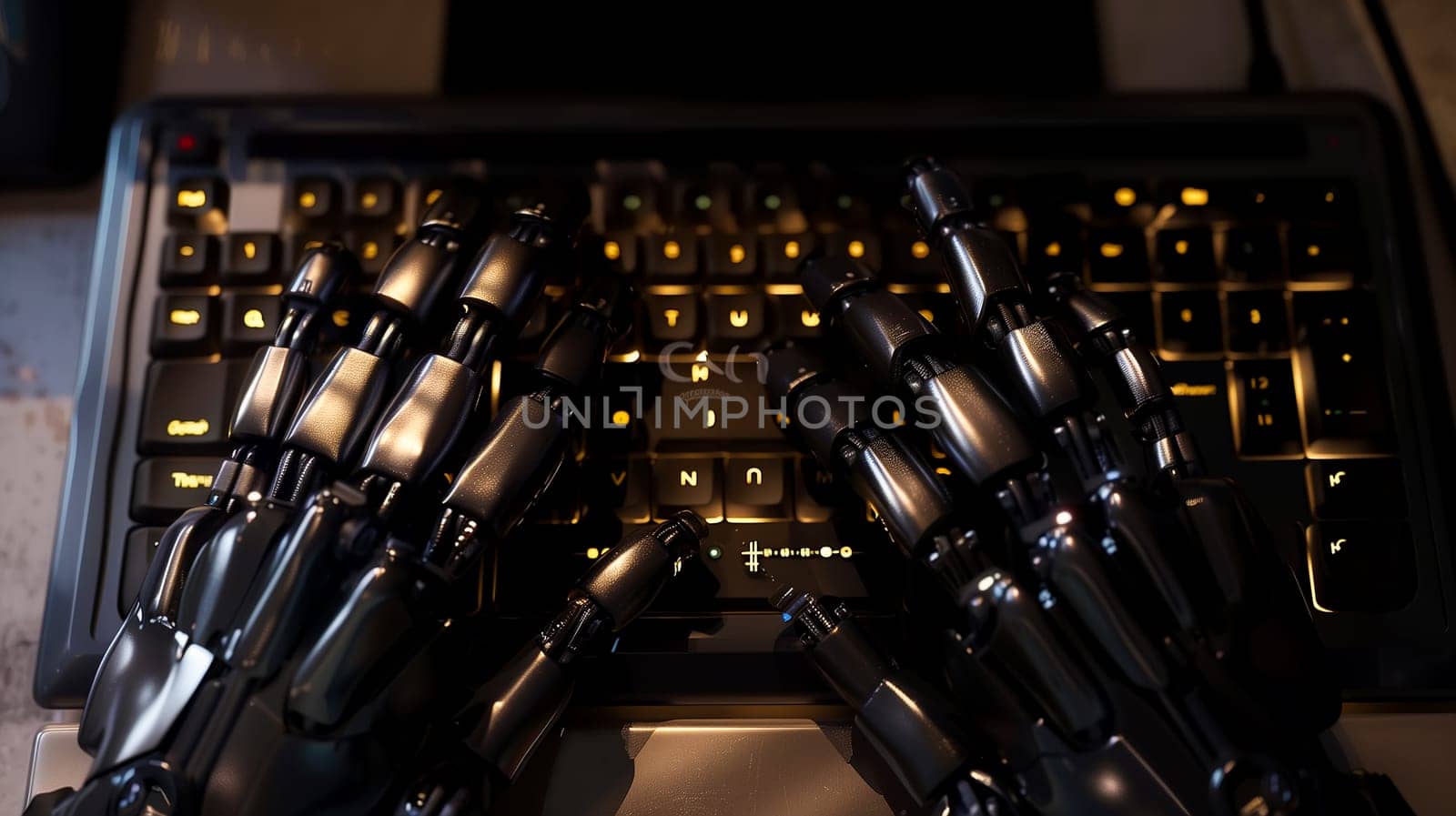 Robot hands using laptop computer typing top angle view artificial intelligence digital futuristic technology concept flat horizontal.