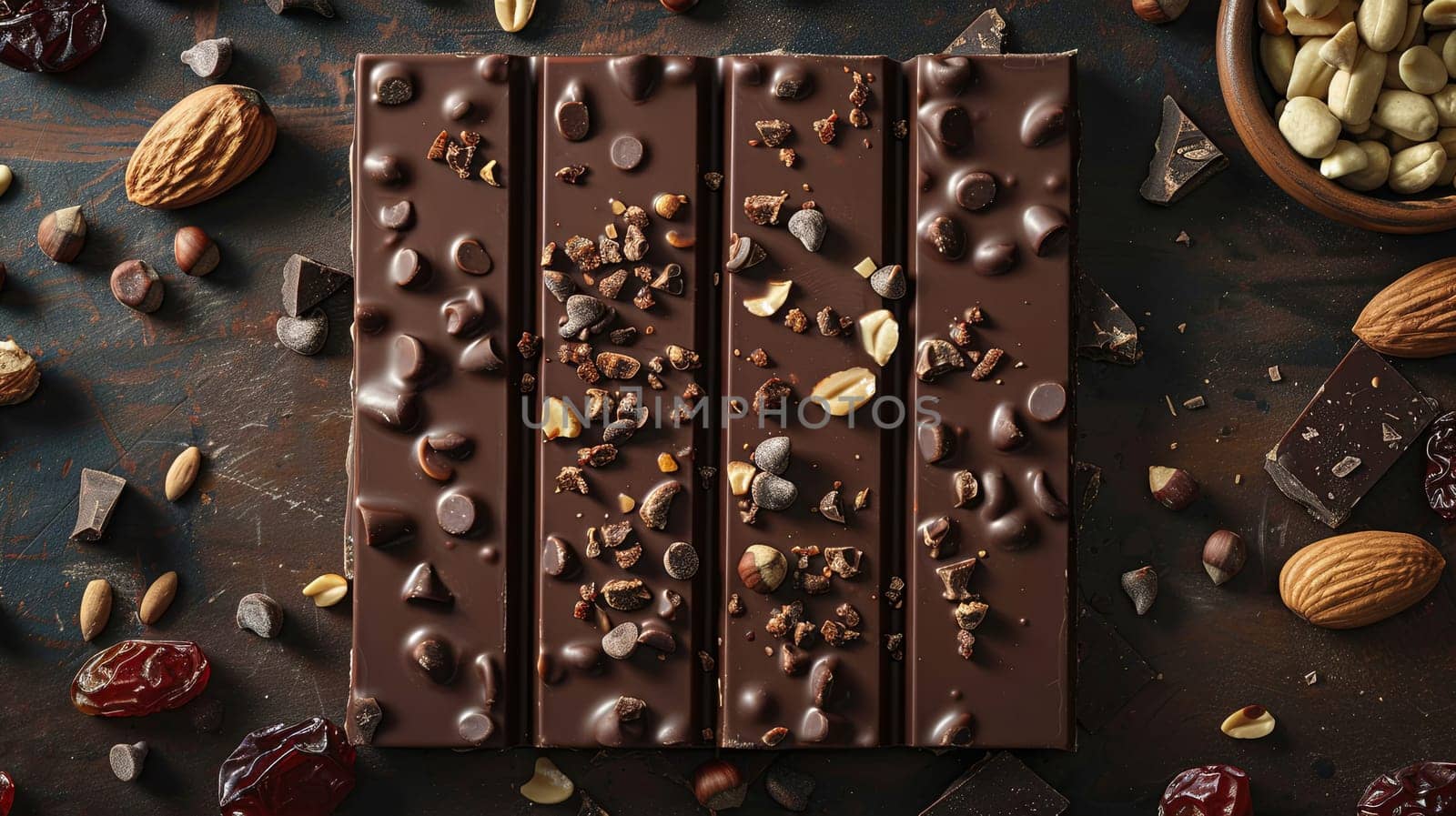A chocolate bar enriched with nuts and cranberries in a tempting display of textures and flavors.