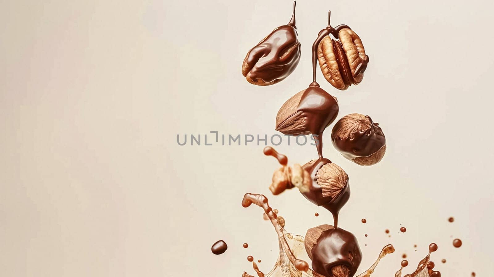 Nuts and chocolate splash, food dessert and confectionery industry