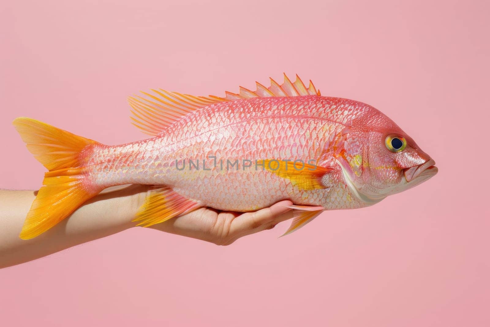 Red fish catch on pink background with copy space for travel adventure beauty concept