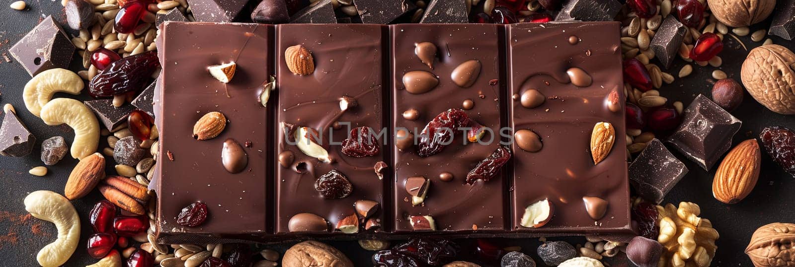 A bar of chocolate topped with a variety of nuts and cranberries, creating a delicious and textured treat.