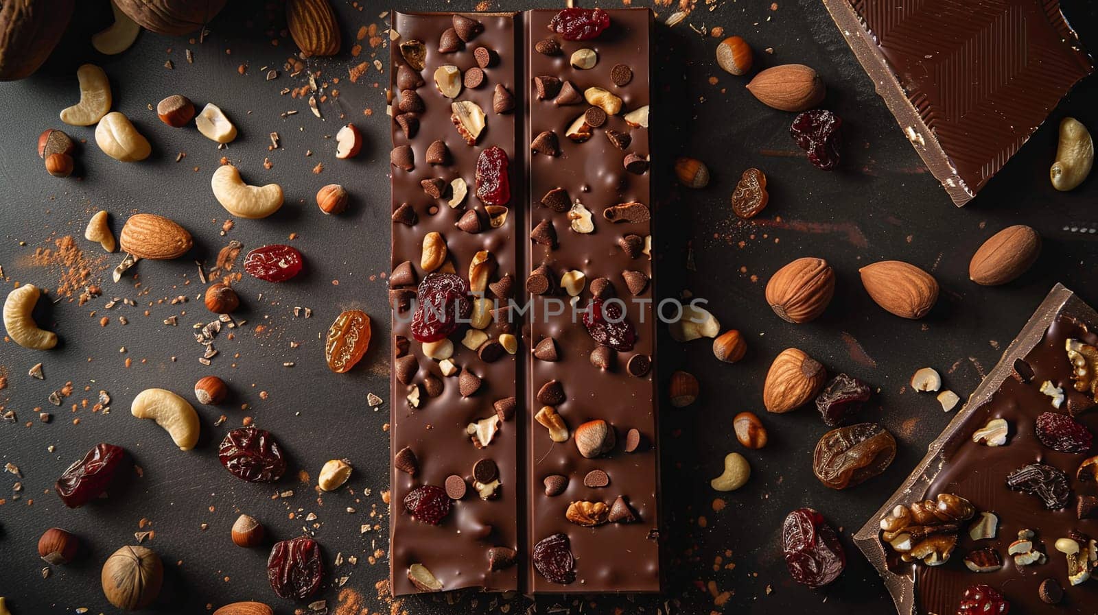 A bar of chocolate topped with crunchy nuts and sweet cranberries, a delicious and appealing treat.