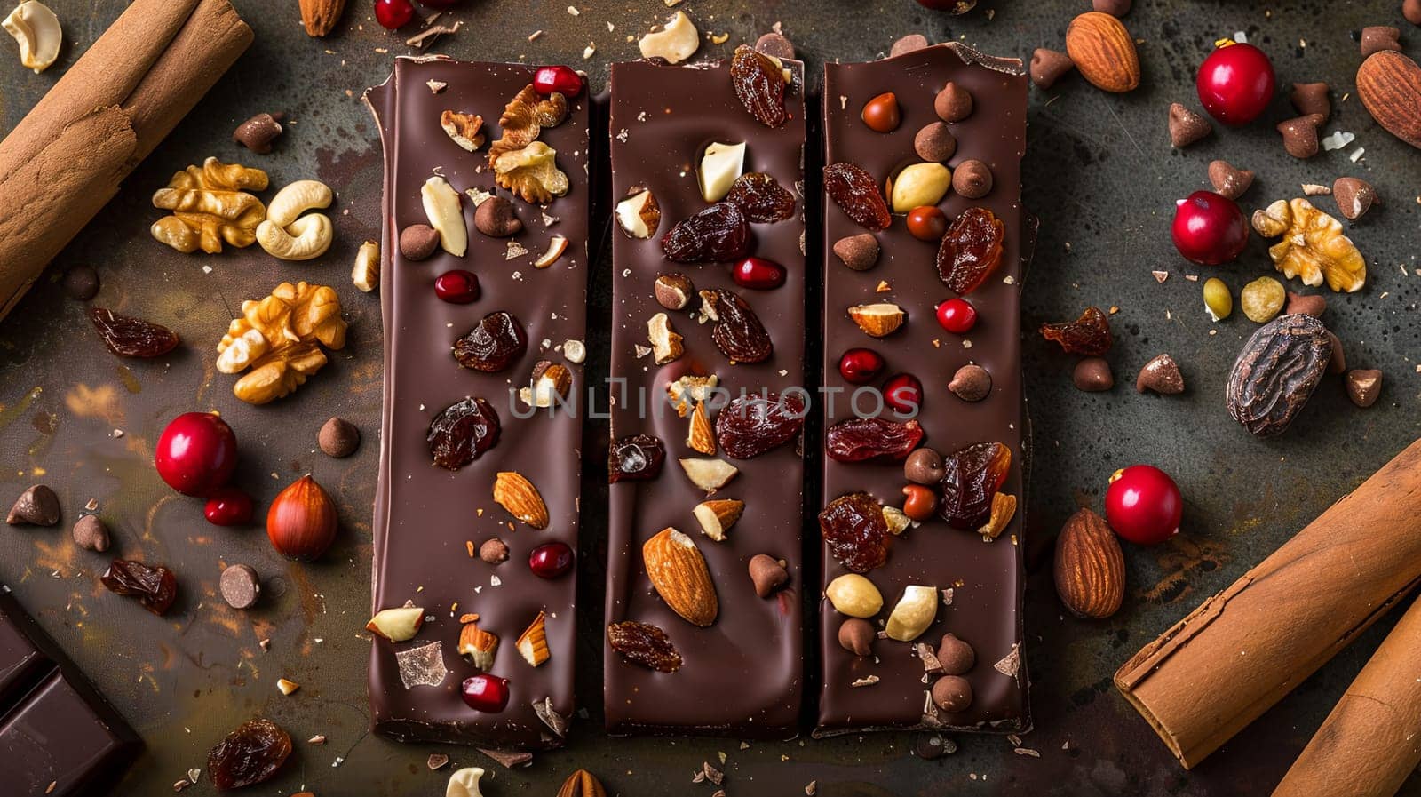 A chocolate bar layered with nuts and cranberries, showcasing a blend of textures and flavors.