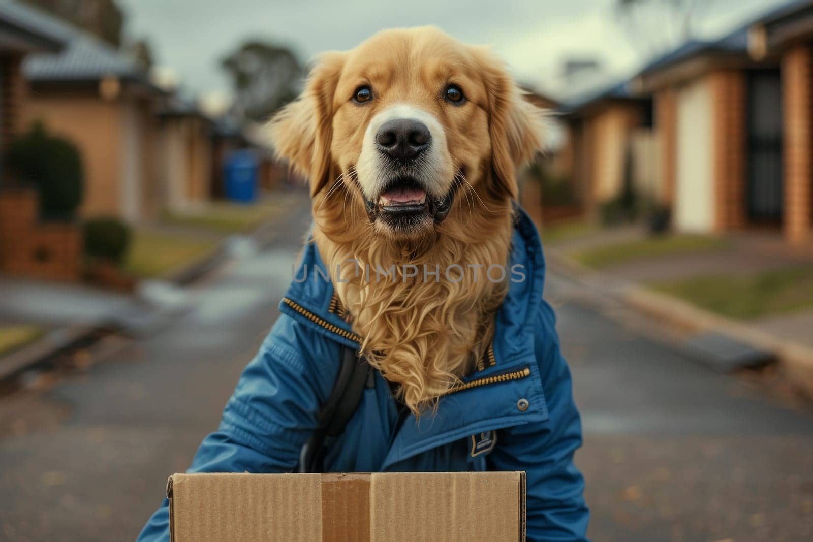 A dog is holding a cardboard box in its mouth. The dog is standing on a street in front of a house