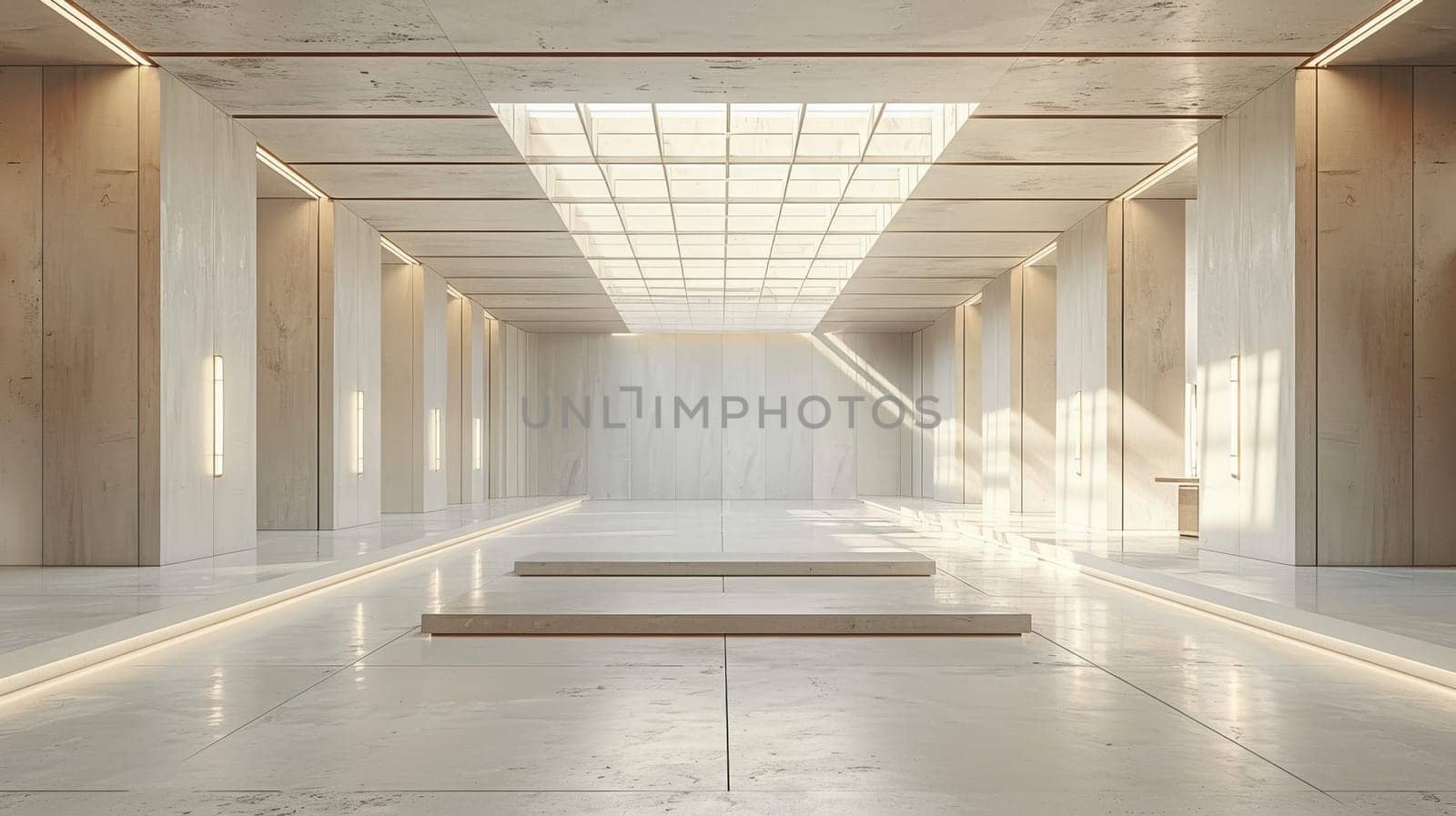 A large, open room with a white ceiling and white walls. The room is filled with potted plants and has a modern, minimalist design