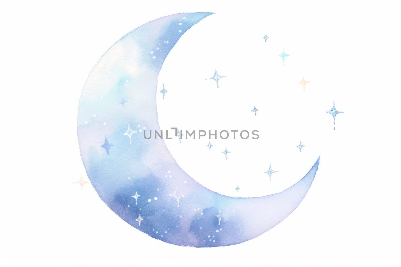 Simple blue moon hand drawn watercolor illustration. by Artsiom