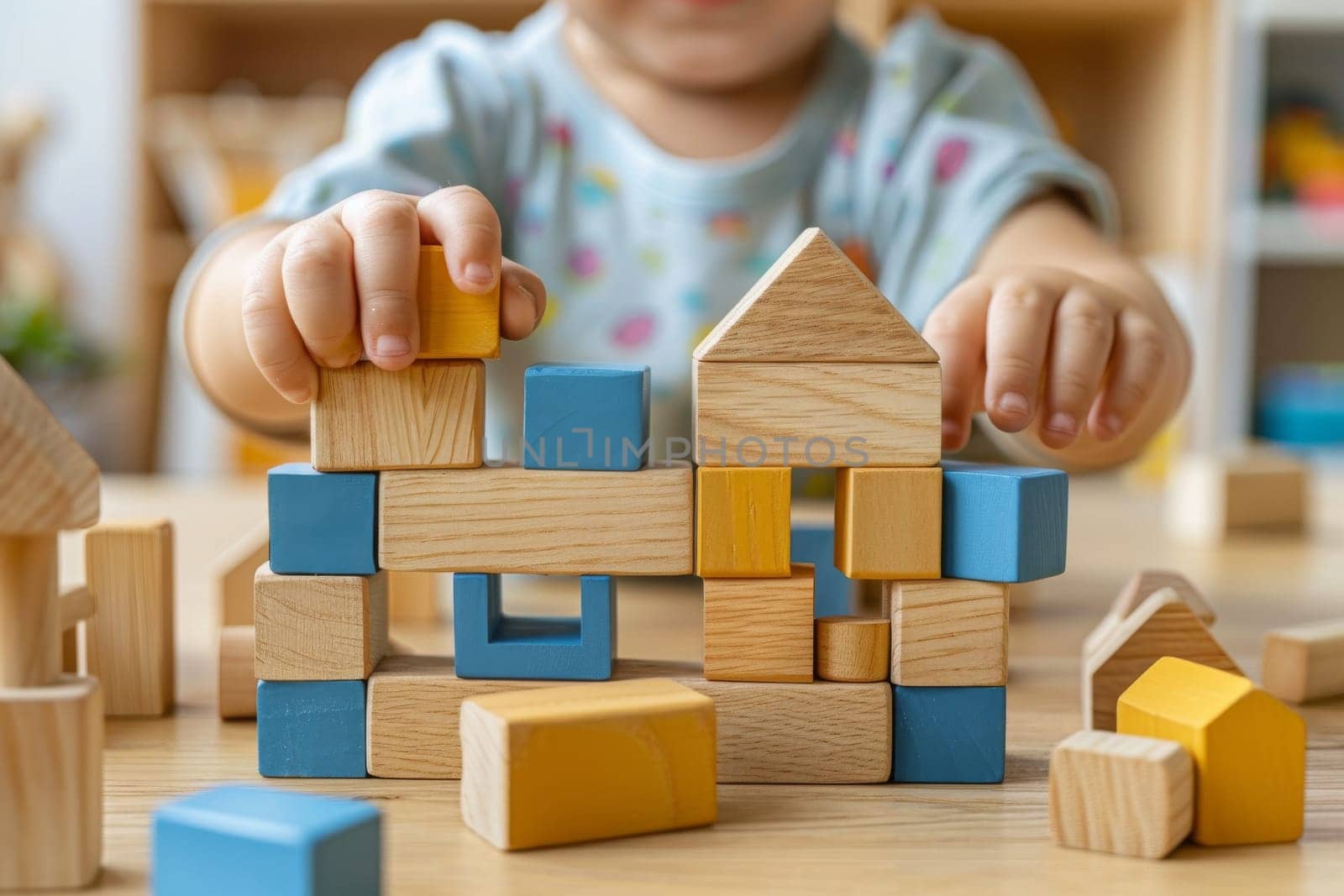 Little child playing with wooden blocks to build a house in playroom.