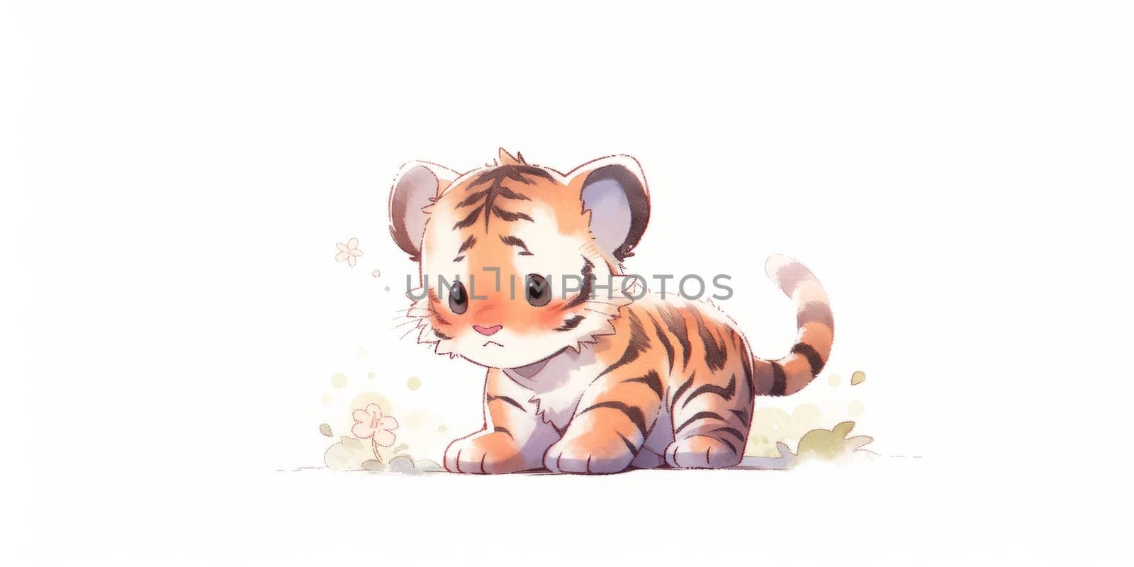 Cute kawaii baby tiger hand drawn watercolor illustration