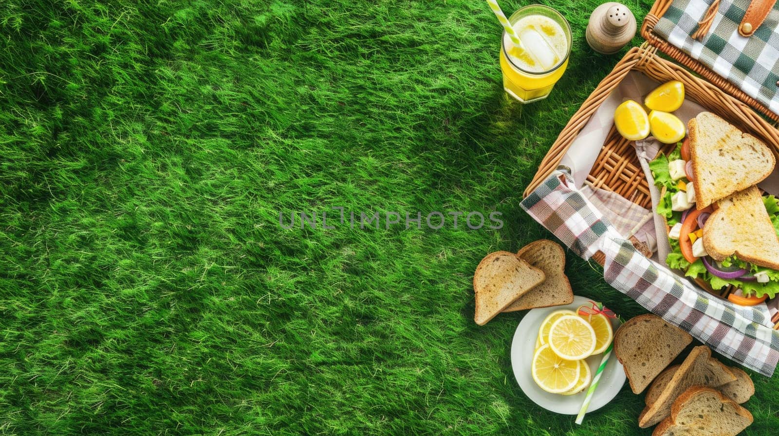 A green picnic basket filled with food items such as sandwiches, lemons, and juice placed on the grass. The ingredients are sourced from terrestrial plants and citrus fruits AIG50