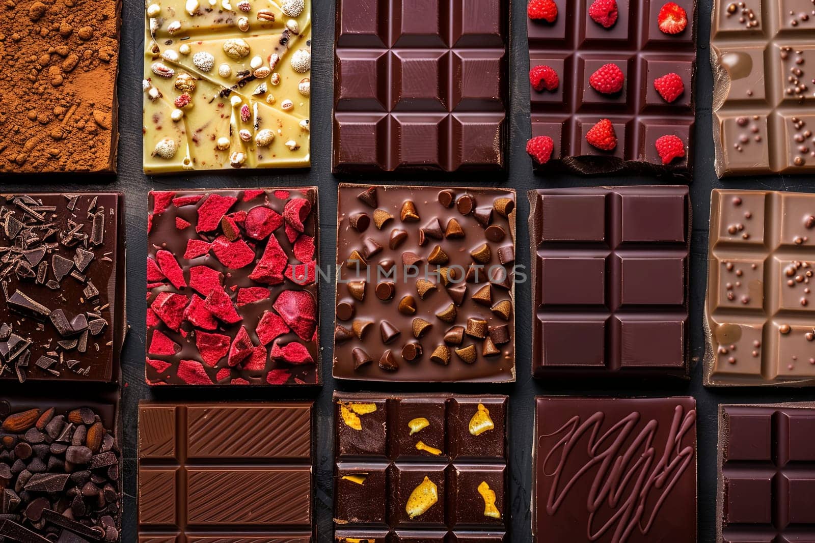 Assorted chocolate bars in various flavors and types are neatly arranged in a grid pattern.