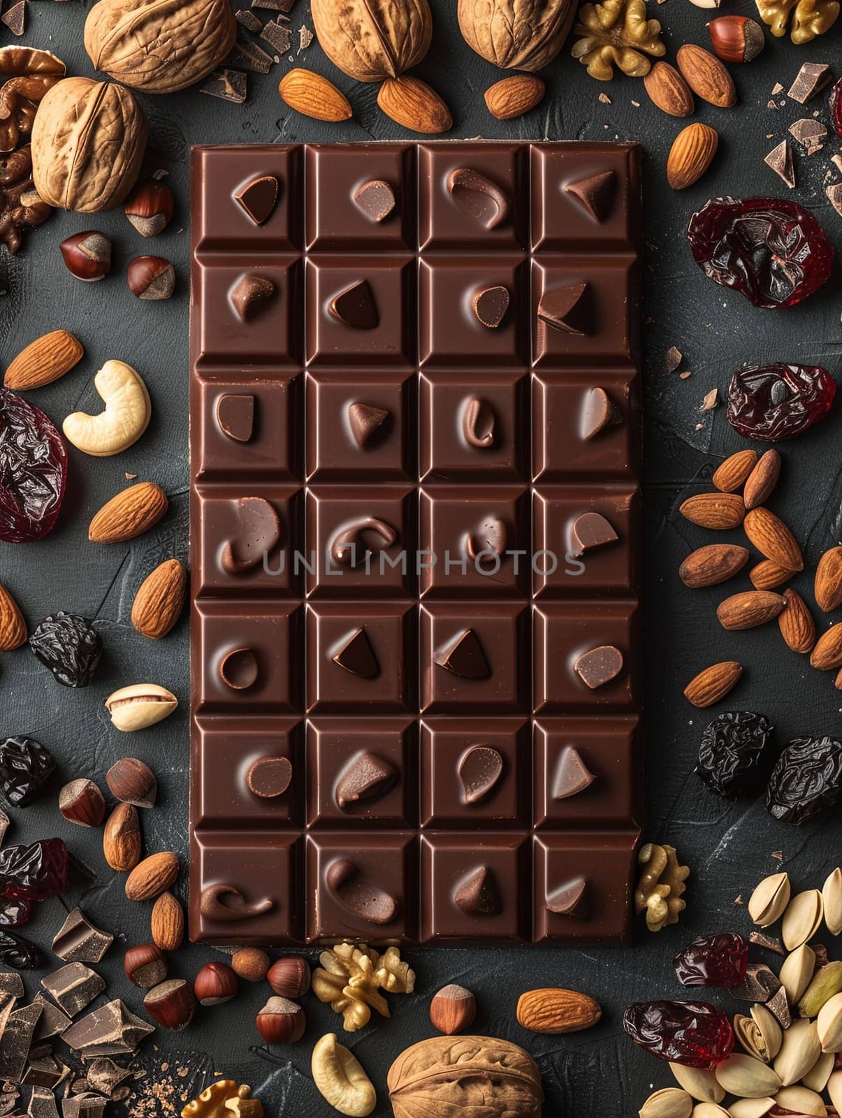 Close-up of a chocolate bar surrounded by various nuts and dried fruits, creating a visually appealing and appetizing display.