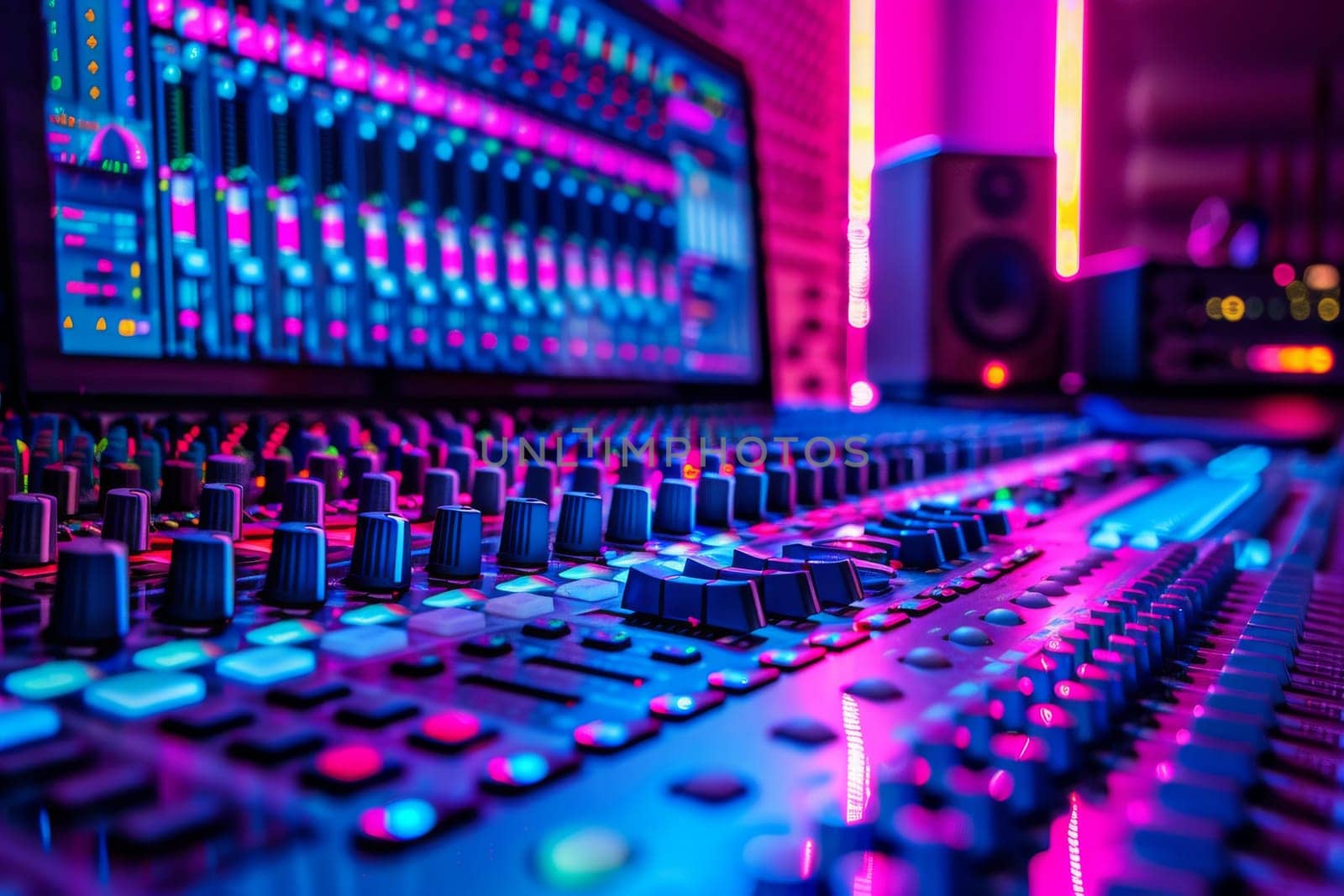 A computer monitor sits on a desk in front of a pair of speakers. The speakers are pink and purple, and the monitor is black. The room is brightly lit and has a neon glow