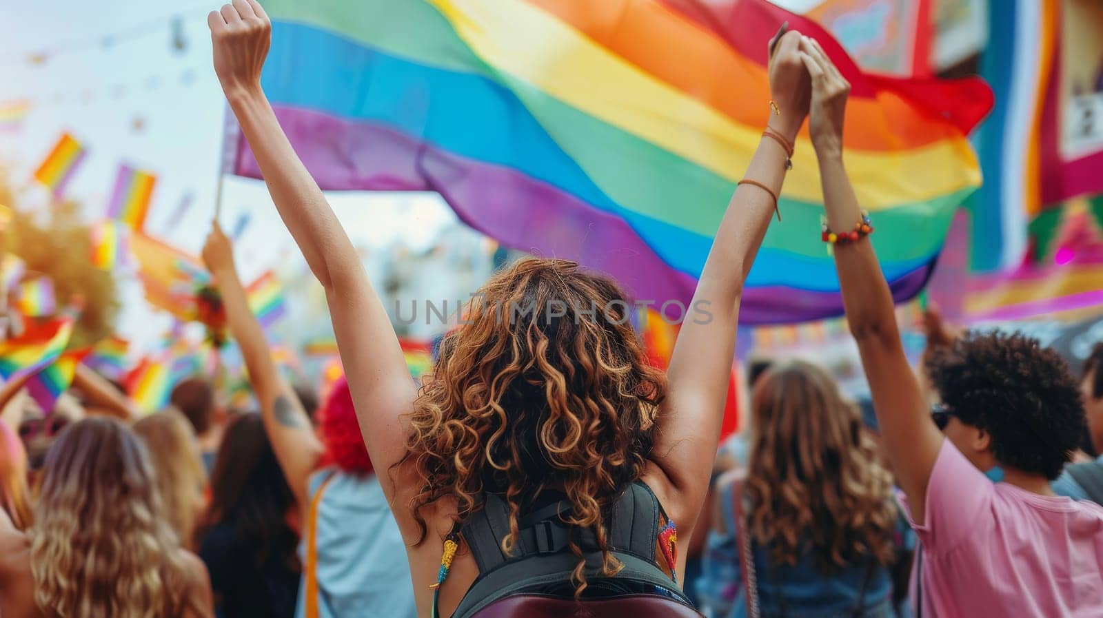 Diverse group of people enjoying gay pride day festival outdoors.