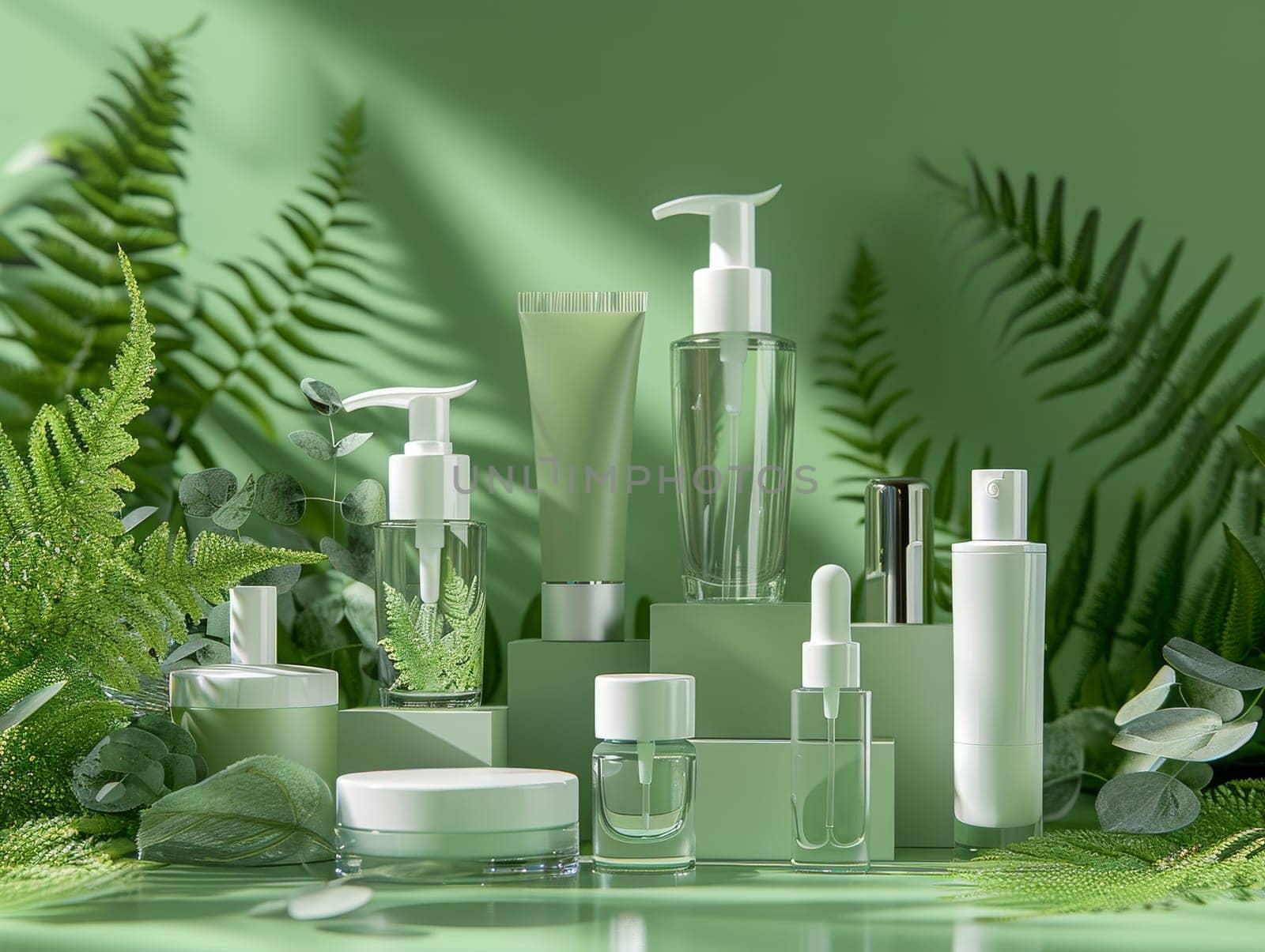 Mockup cosmetic product set. Green background and nature.