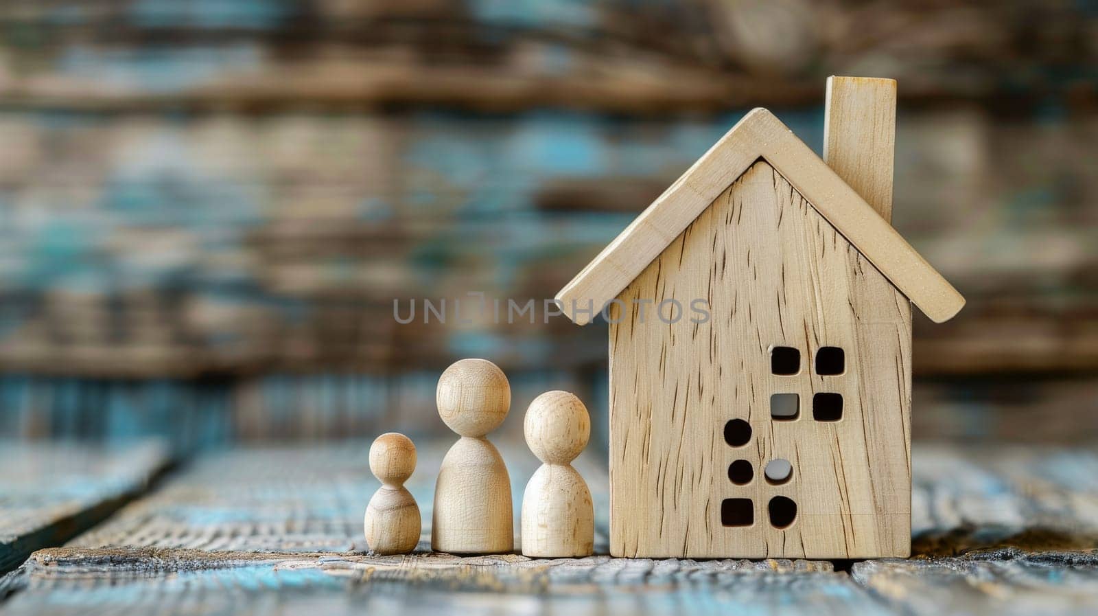 A group of wooden figurines are sitting on a wooden table next to a house. The figurines are smiling and appear to be a family. Concept of warmth and happiness