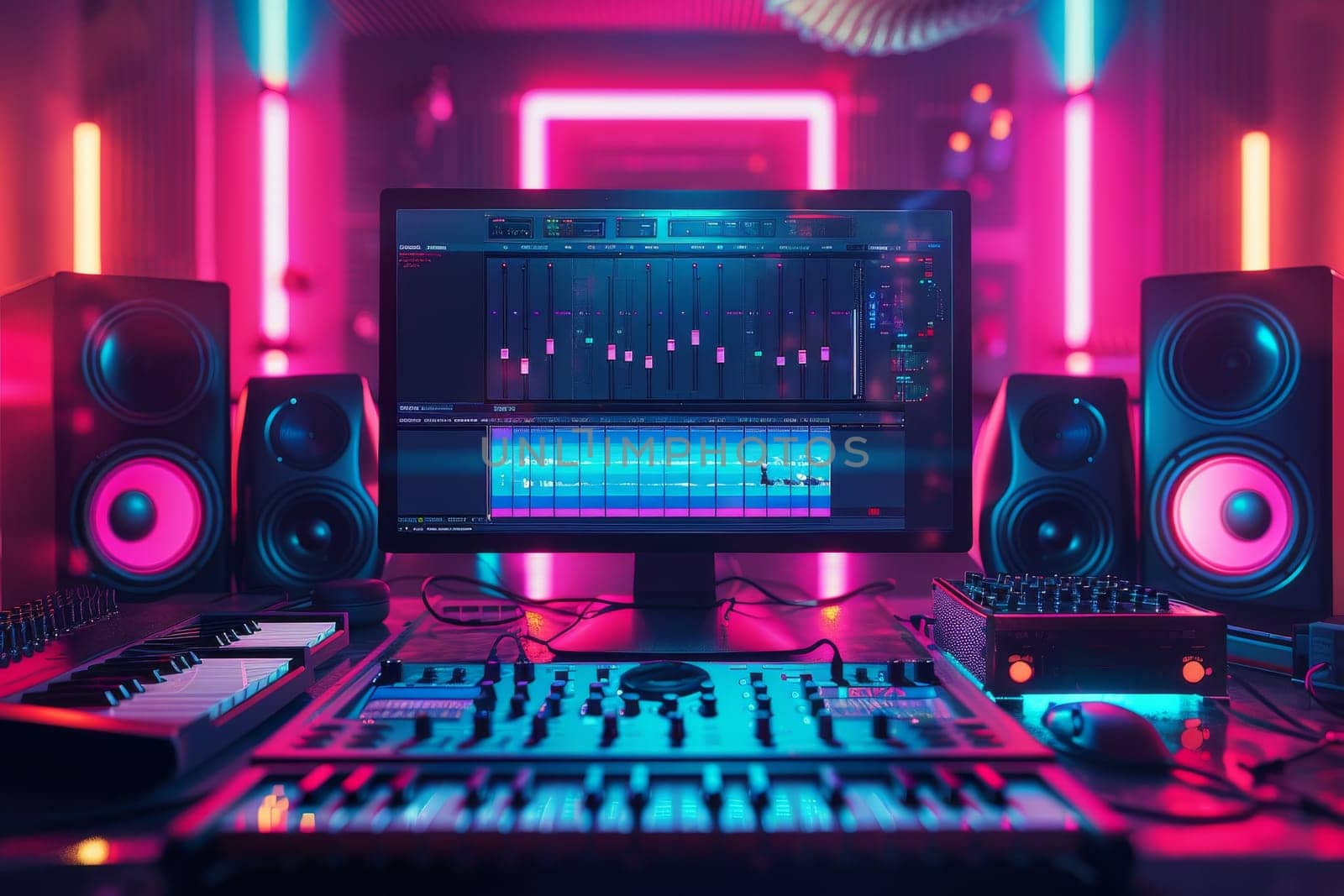 A computer monitor sits on a desk in front of a pair of speakers. The speakers are pink and purple, and the monitor is black. The room is brightly lit and has a neon glow