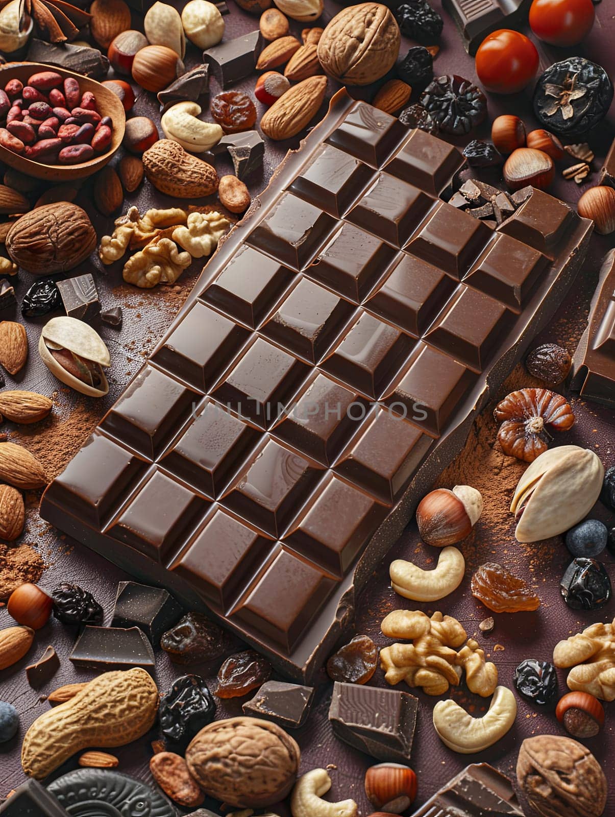 A chocolate bar sits surrounded by nuts and chocolate pieces, showcasing rich textures and natural ingredients.