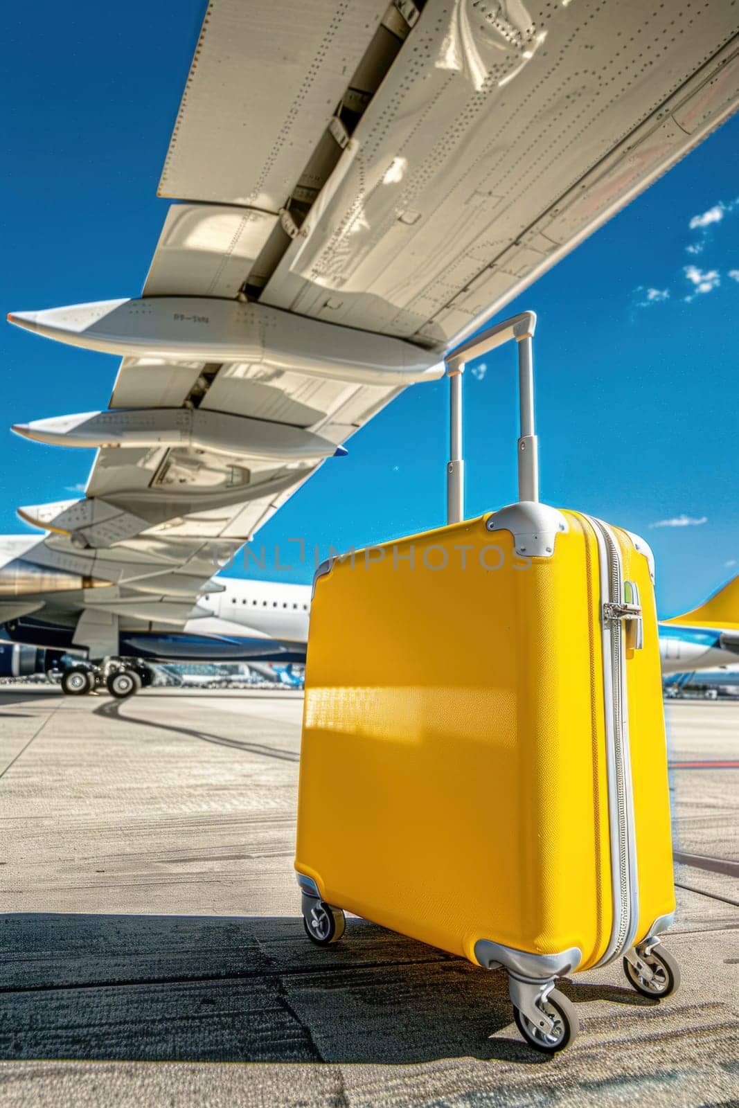 Yellow suitcase traveling alongside a large airplane on the tarmac
