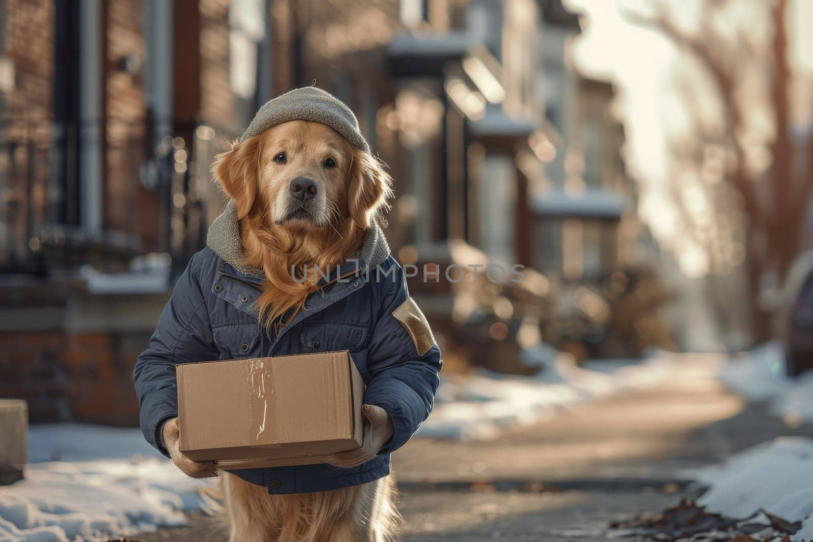 A dog is holding a cardboard box in its mouth. The dog is standing on a street in front of a house