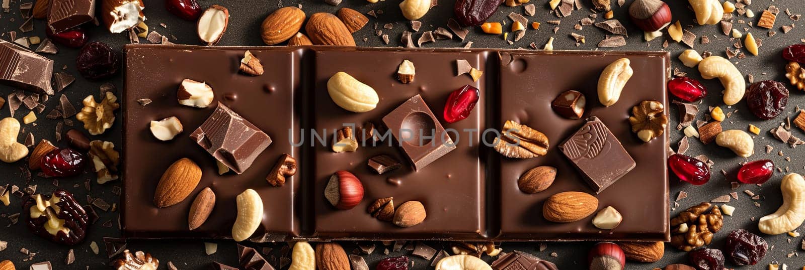 A chocolate bar topped with a mix of nuts, almonds, and cranberries in high detail, showcasing rich textures and a natural, appetizing appearance.