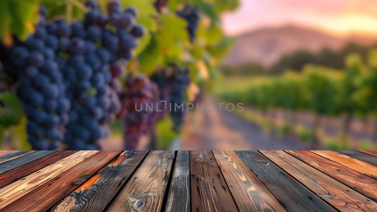 Empty wood table top with blur background of vineyard landscape in winery. The table giving copy space for placing advertising wine product on the table along with beautiful winery vineyard background