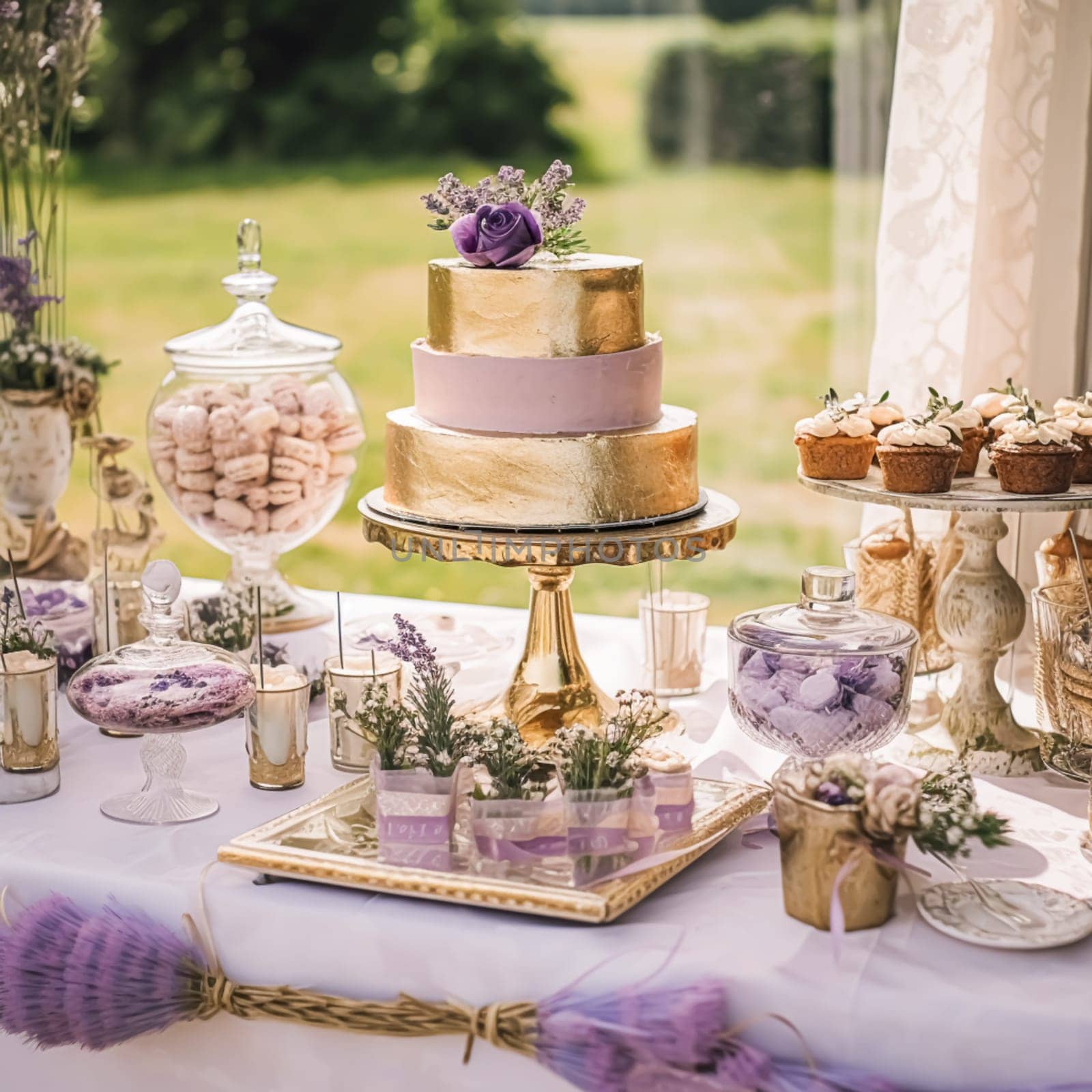 Wedding cake with lavender floral decor, party celebration and holiday dessert in a countryside garden, event food catering, country cottage style, post-processed, generative ai