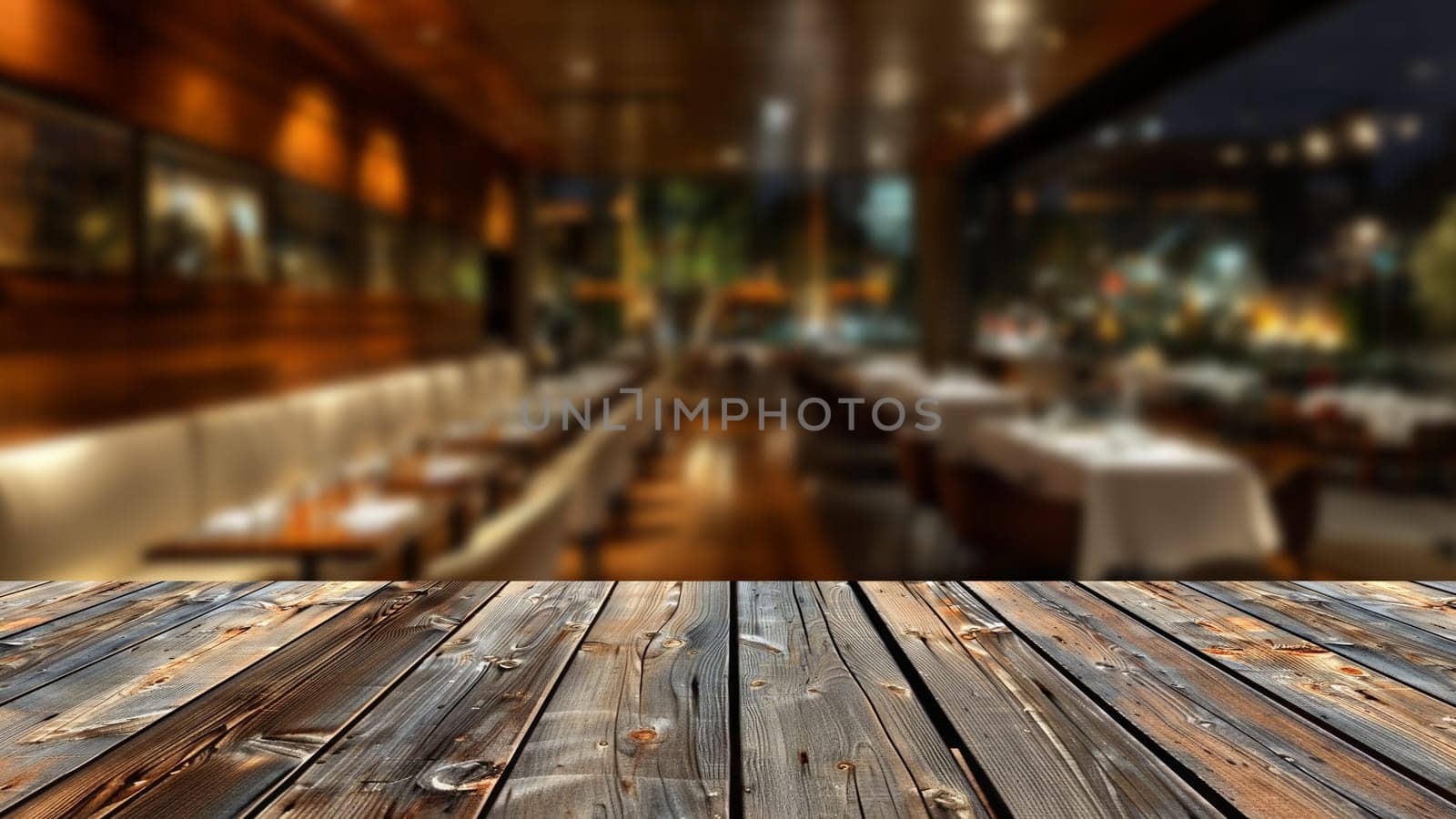 A pristine wooden table featured in front of softly blurred restaurant scene at night. This setting offers perfect table space for placing food culinary displays, reflecting restaurant's ambiance.