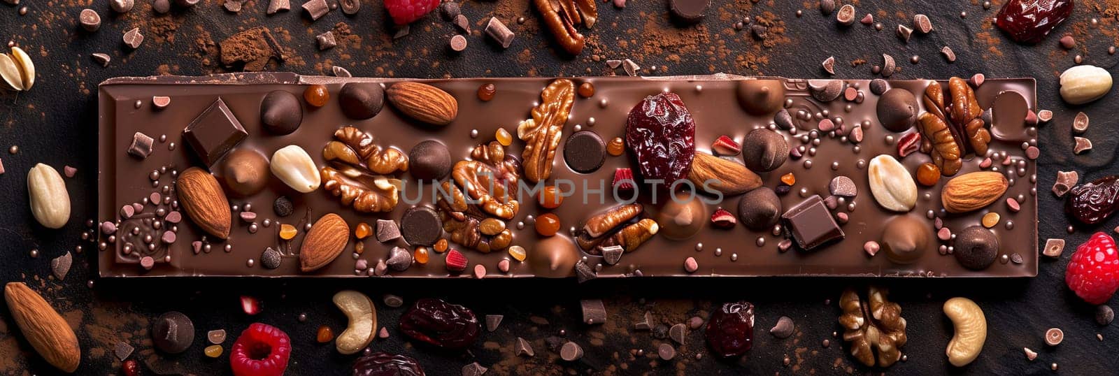 A chocolate bar adorned with nuts, raspberries, and chocolate, offering a rich and appetizing treat.