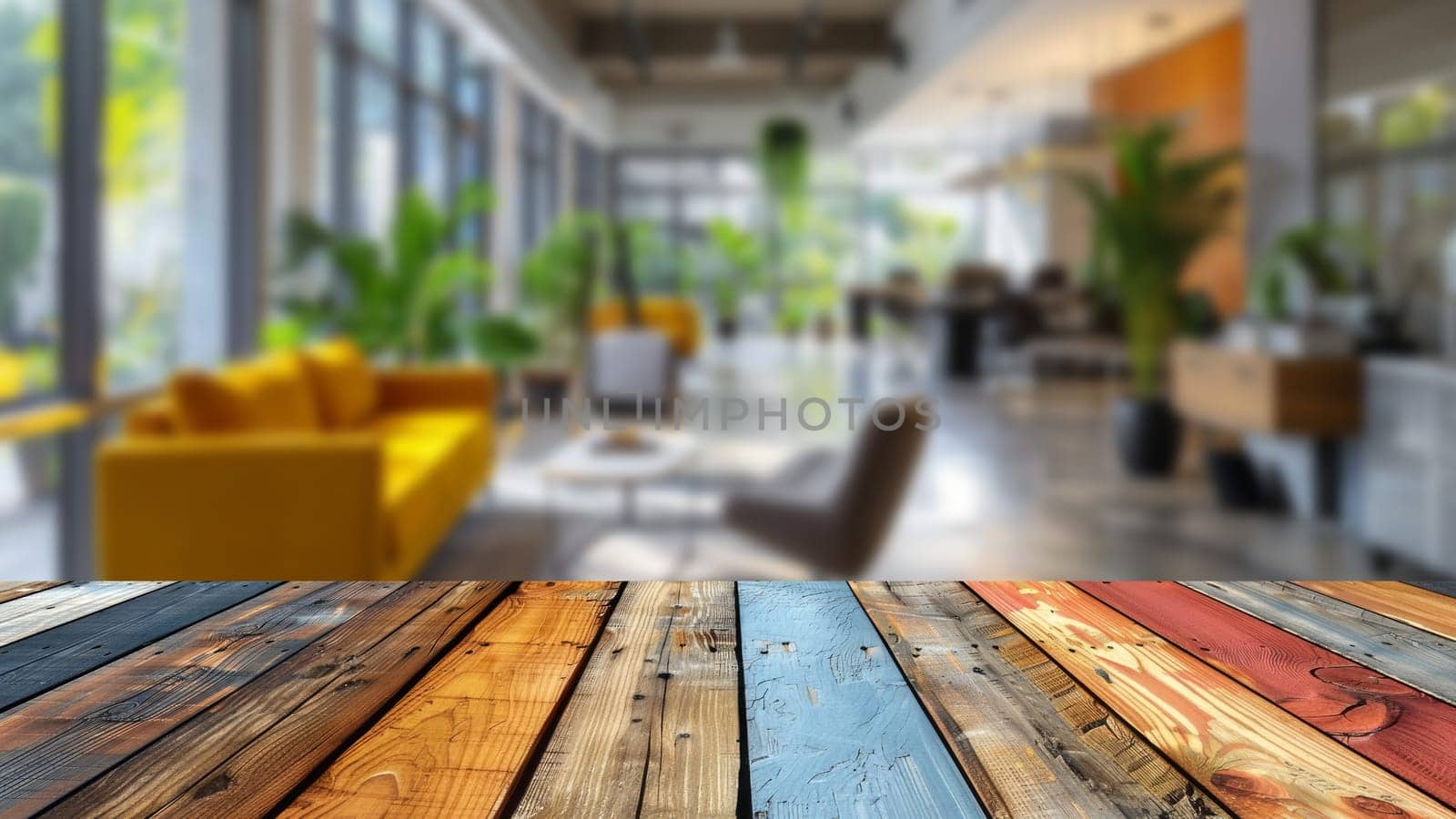 Blurred background of a contemporary office with a wooden table in the foreground, providing a space for office presentations.