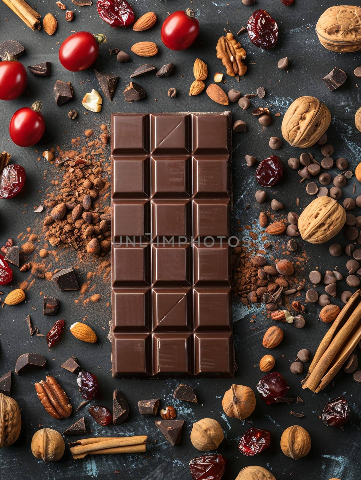 A bar of chocolate is surrounded by nuts, cranberries, and cherries in a high-detail, natural setting.