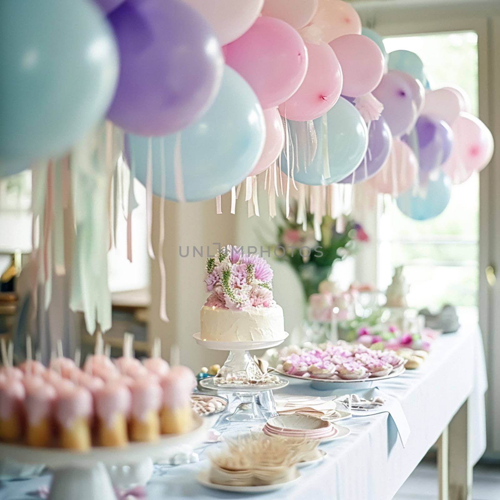 Birthday tablescape or candy bar with sweets, Birthday cake and cupcakes, beautiful party and celebration