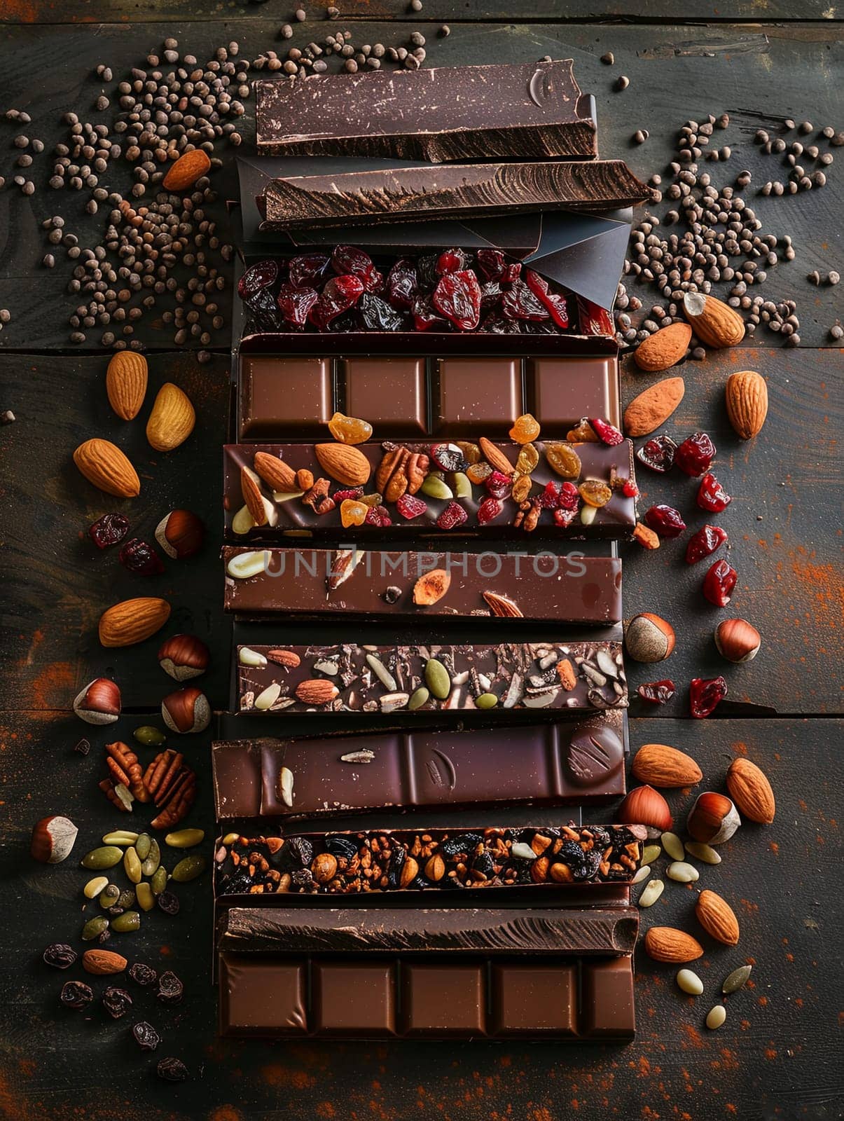 A detailed chocolate bar with nuts and chocolate arranged on a table, showcasing rich textures and natural ingredients.
