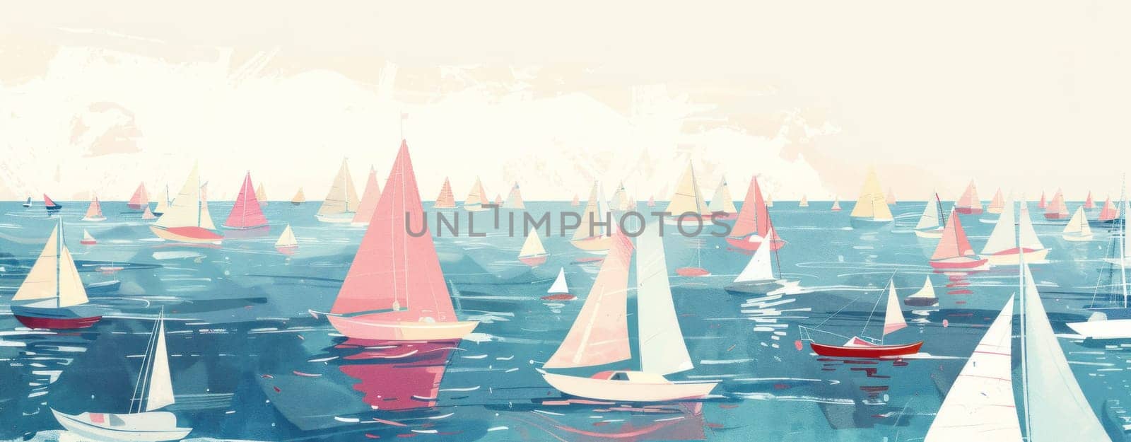 Sailboats sailing in ocean under blue sky with white clouds, watercolor painting for travel and art inspiration