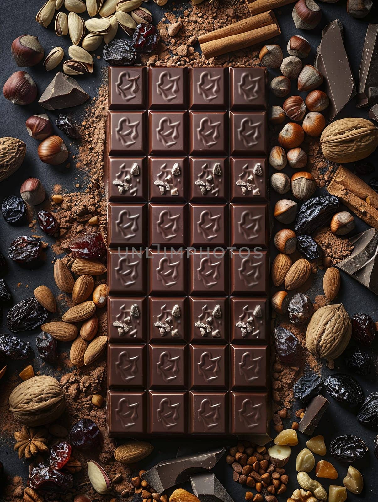 A bar of chocolate nestled among a variety of nuts and chocolate pieces.