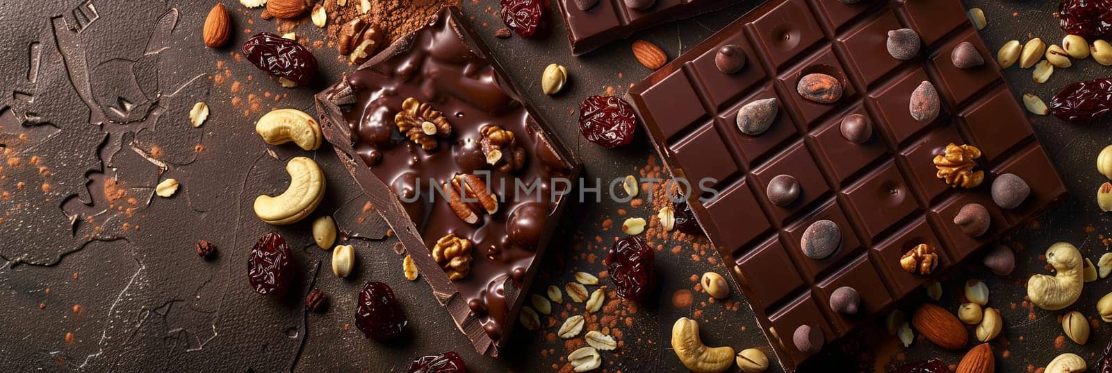 A gourmet chocolate bar topped with a variety of nuts and cranberries, showcasing rich textures and natural ingredients.