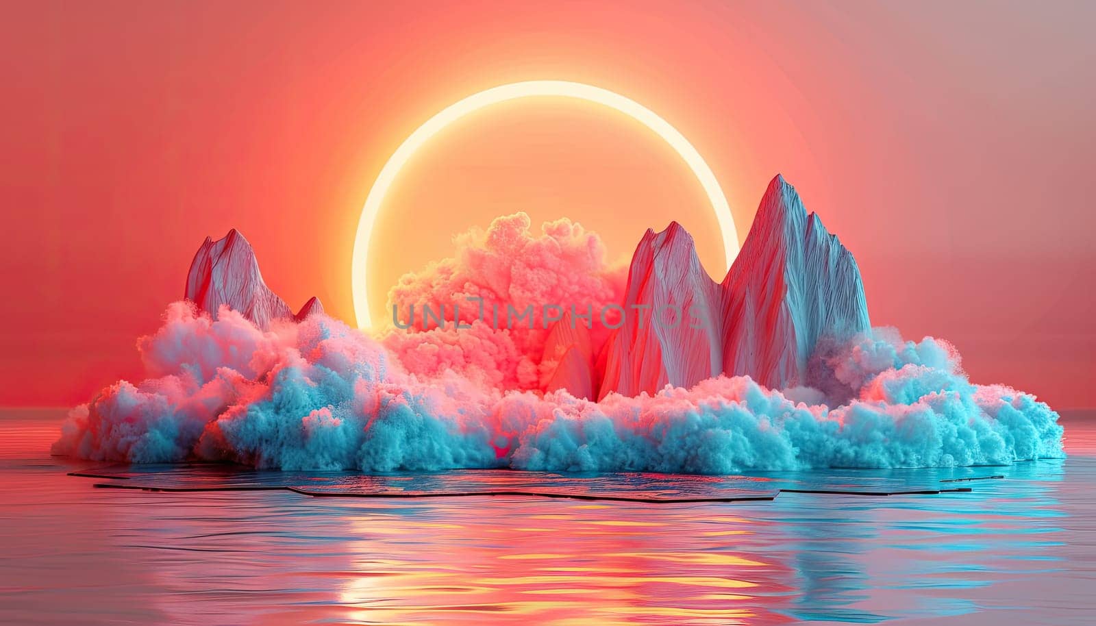 A mountain range with a pink and orange sky and a large circle in the middle by AI generated image.