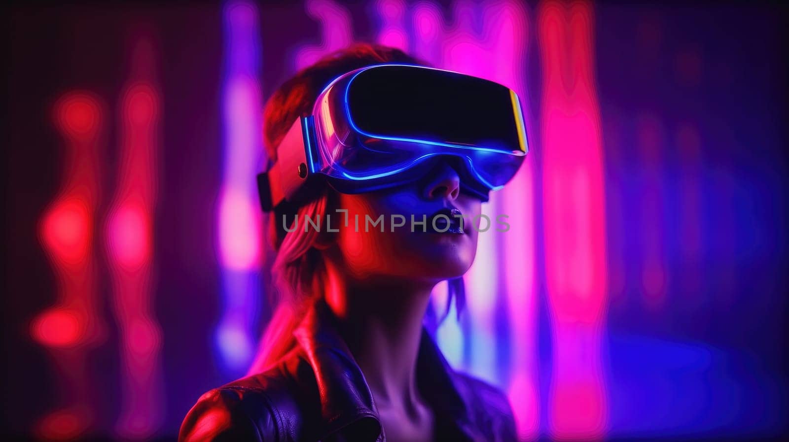 People wearing VR goggle while enter metaverse with neon color background. People with VR headset against abstract neon pattern background. Concept of virtual reality and futuristic technology. AIG35.