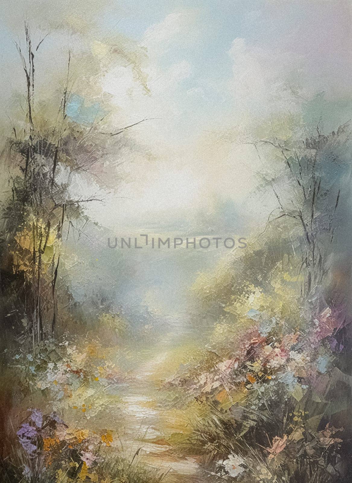 Fine art painting of the English countryside landscape, romantic nature in soft pastel colours, evoking a sense of tranquility and natural beauty, printable art design idea